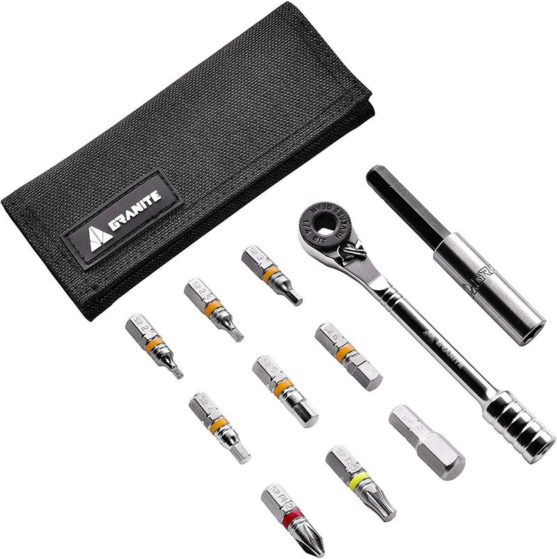 Granite طقم أدوات دراجة Granite Rocknroll Mini Ratchet، طقم أدوات متعددة للدراجة مع 9 قطع أدوات وقضيب تمديد، طقم أدوات دراجة محمولة للدراجة الجبلية، الدراجة الهوائية ودراجة الحصى (أسود) - Image 1
